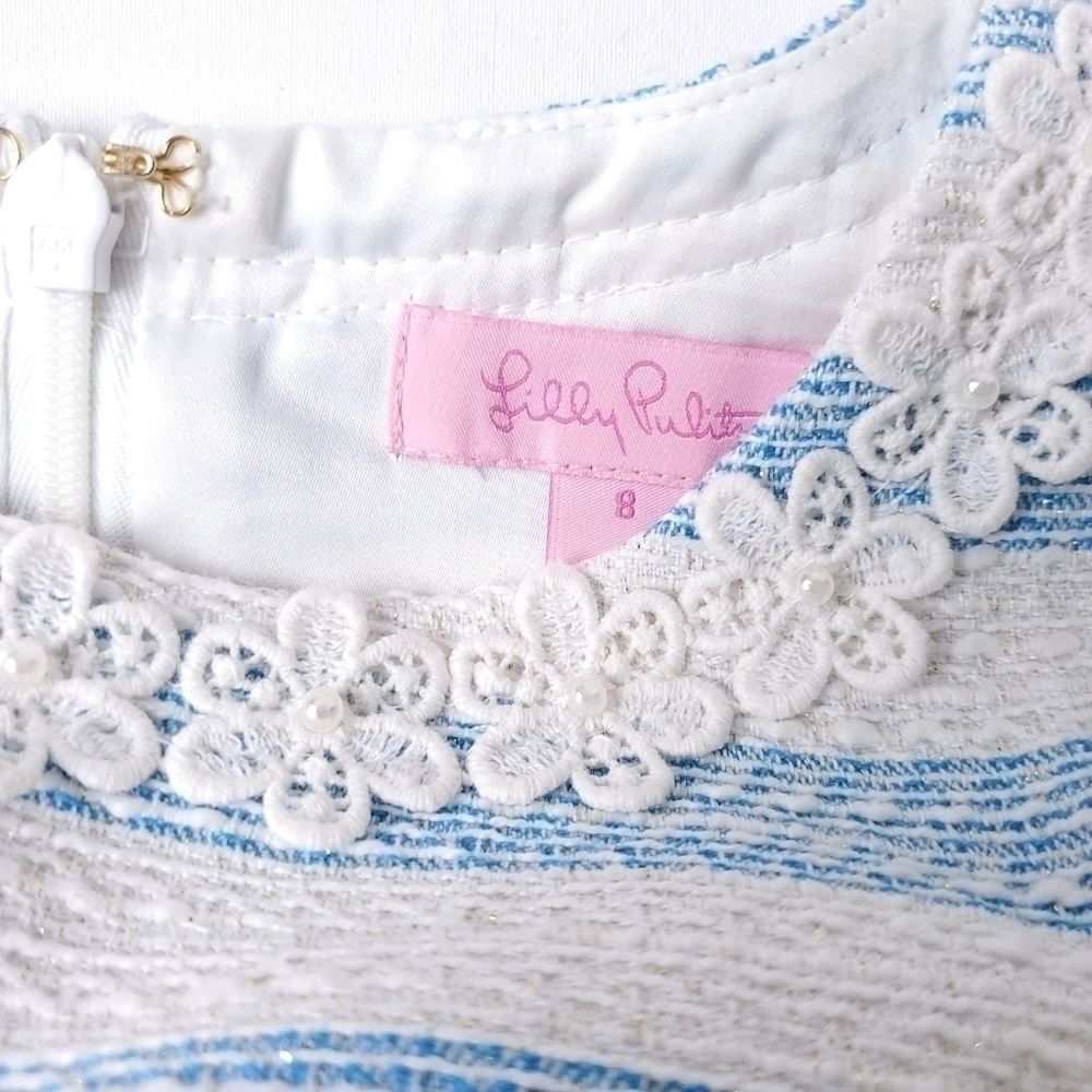 Lilly Pulitzer Blue Whie Stripe Gold Spark Dress Size 8 - Picture 4 of 11